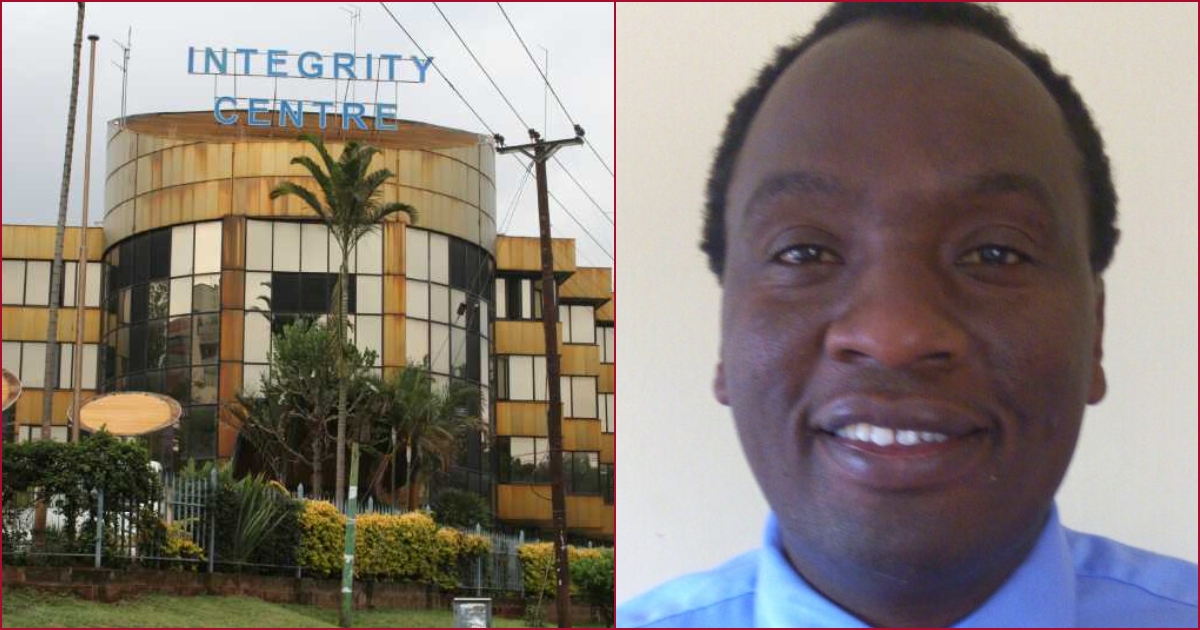 Collaged photos of the EACC headquarters in Nairobi and Kenneth Kamumbu Mugo.